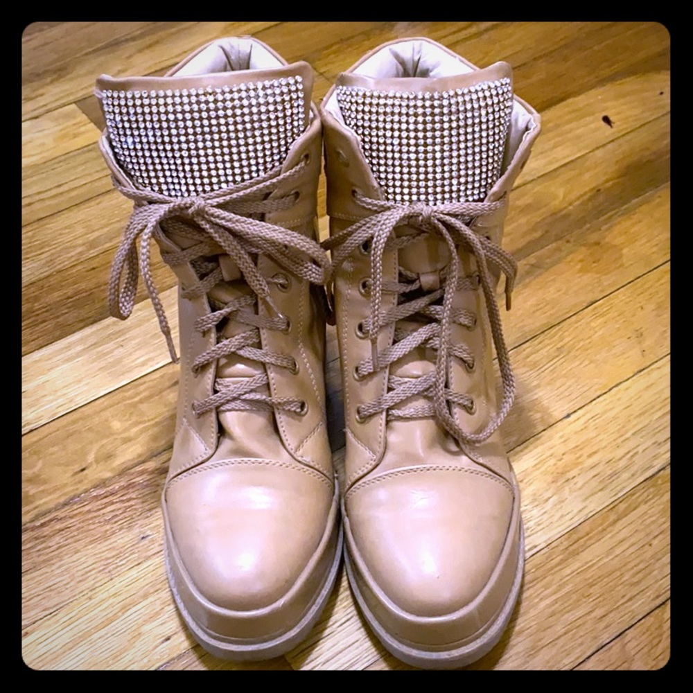 Nude bedazzled wedge booties